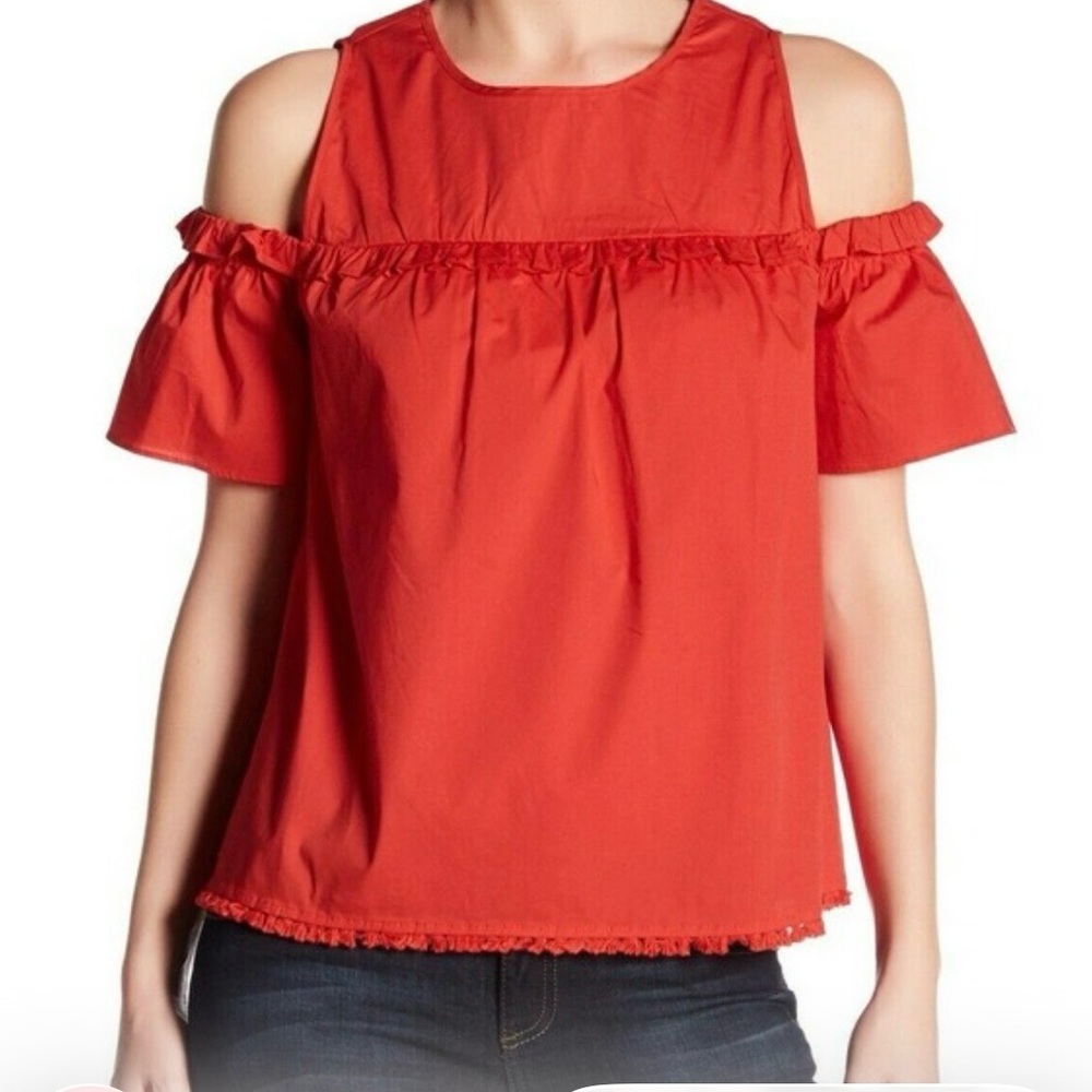 Democracy Red Cold-Shoulder Ruffle Top Cotton blend Size S